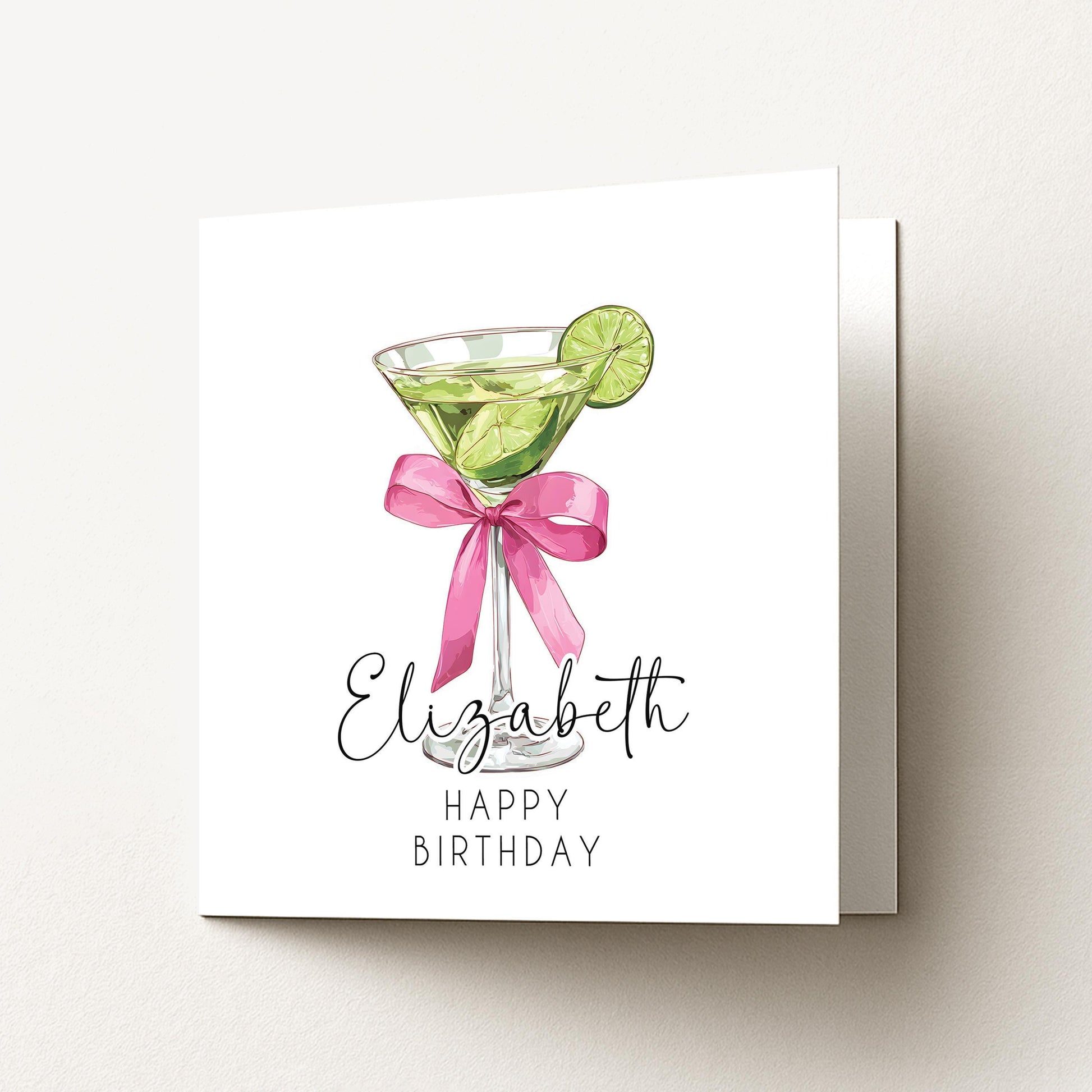 Personalised Birthday Card - Chic Lime Martini Cocktail With Pink Bow Envelope