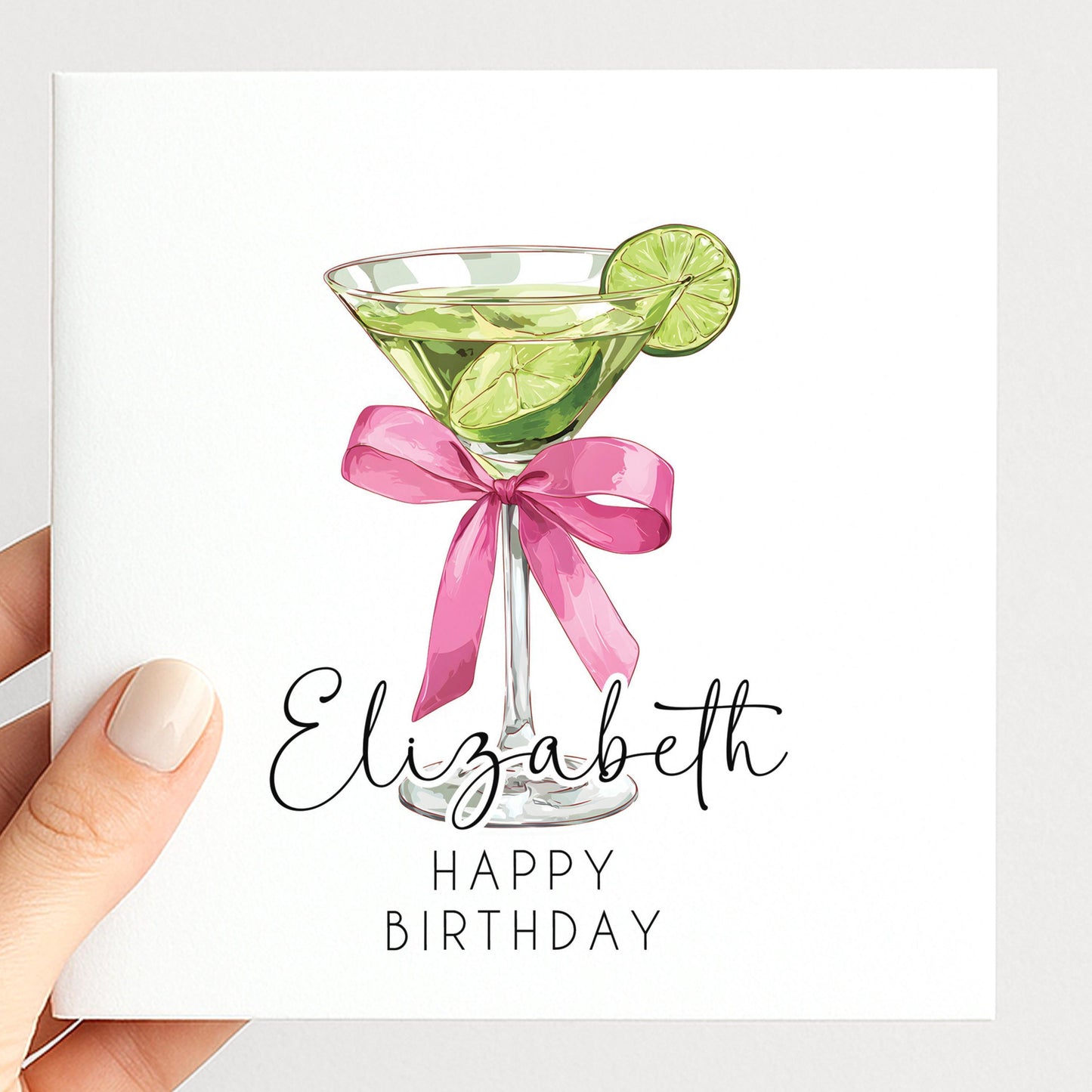 Personalised Birthday Card - Chic Lime Martini Cocktail With Pink Bow Envelope