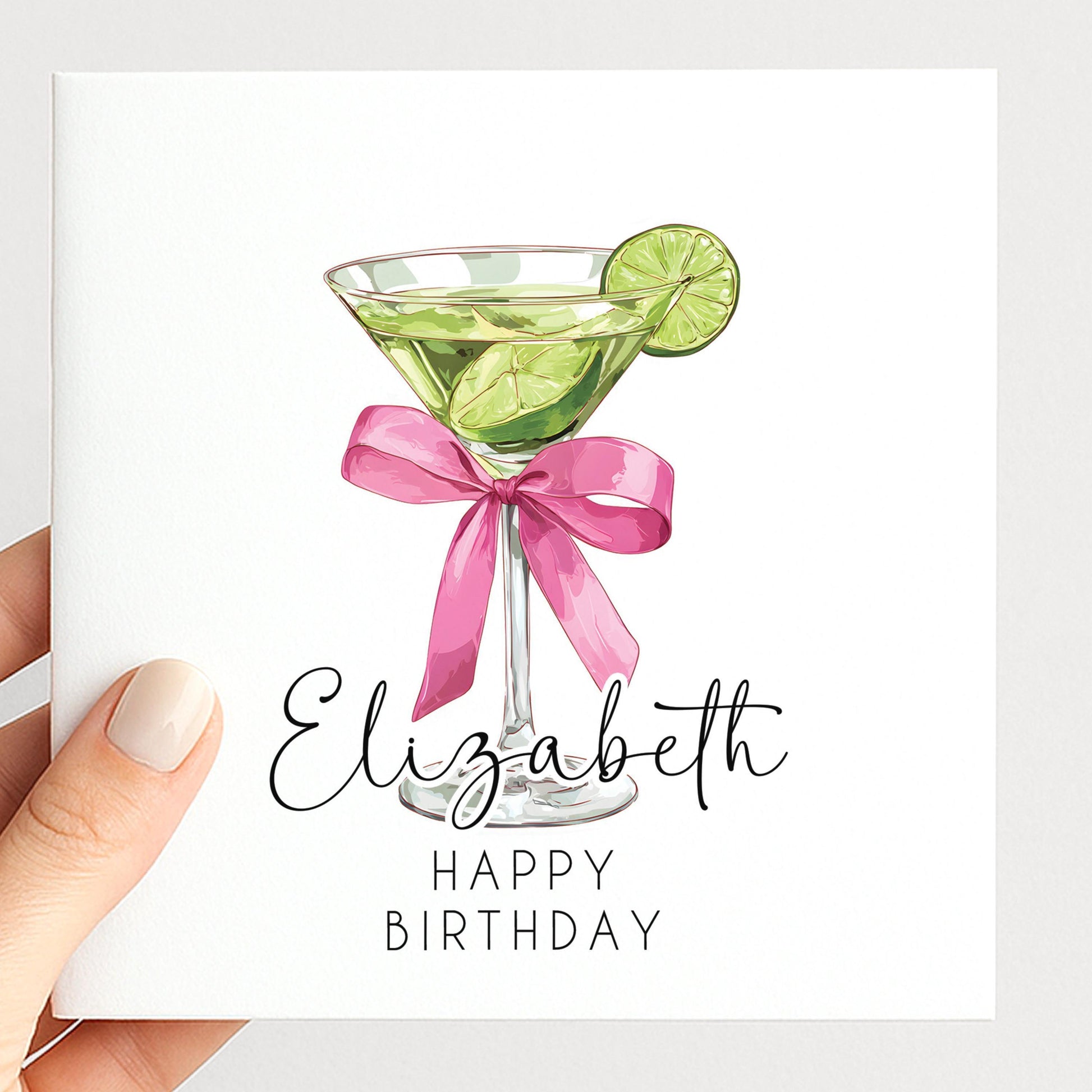 Personalised Birthday Card - Chic Lime Martini Cocktail With Pink Bow Envelope