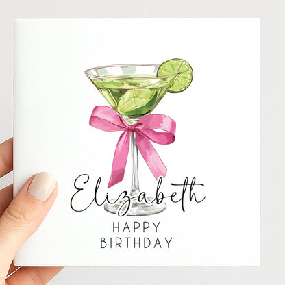 Personalised Birthday Card - Chic Lime Martini Cocktail With Pink Bow Envelope