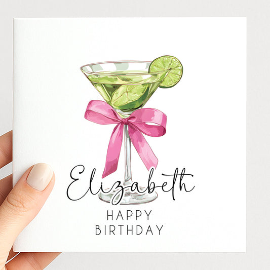 Personalised Birthday Card - Chic Lime Martini Cocktail With Pink Bow Envelope