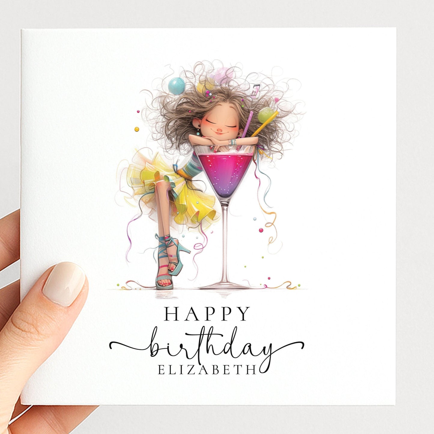 Personalised Birthday Card - Colourful Cocktail Themed Celebration For Her