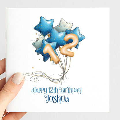 Personalised Birthday Card - Custom Age Blue Star Balloon Milestone Gift
