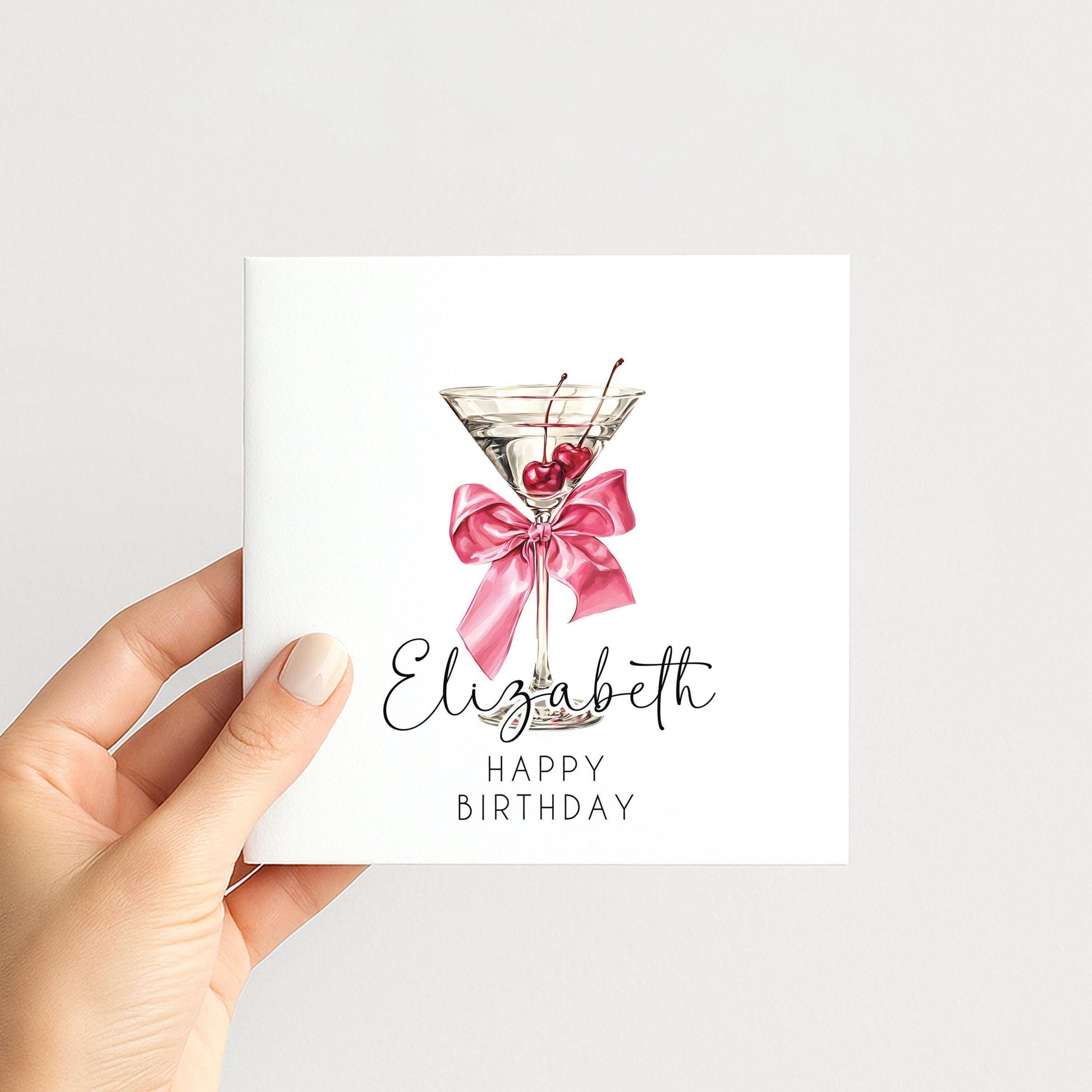 Personalised Birthday Card – Elegant Cherry Cocktail Design With Glossy Pink Bow