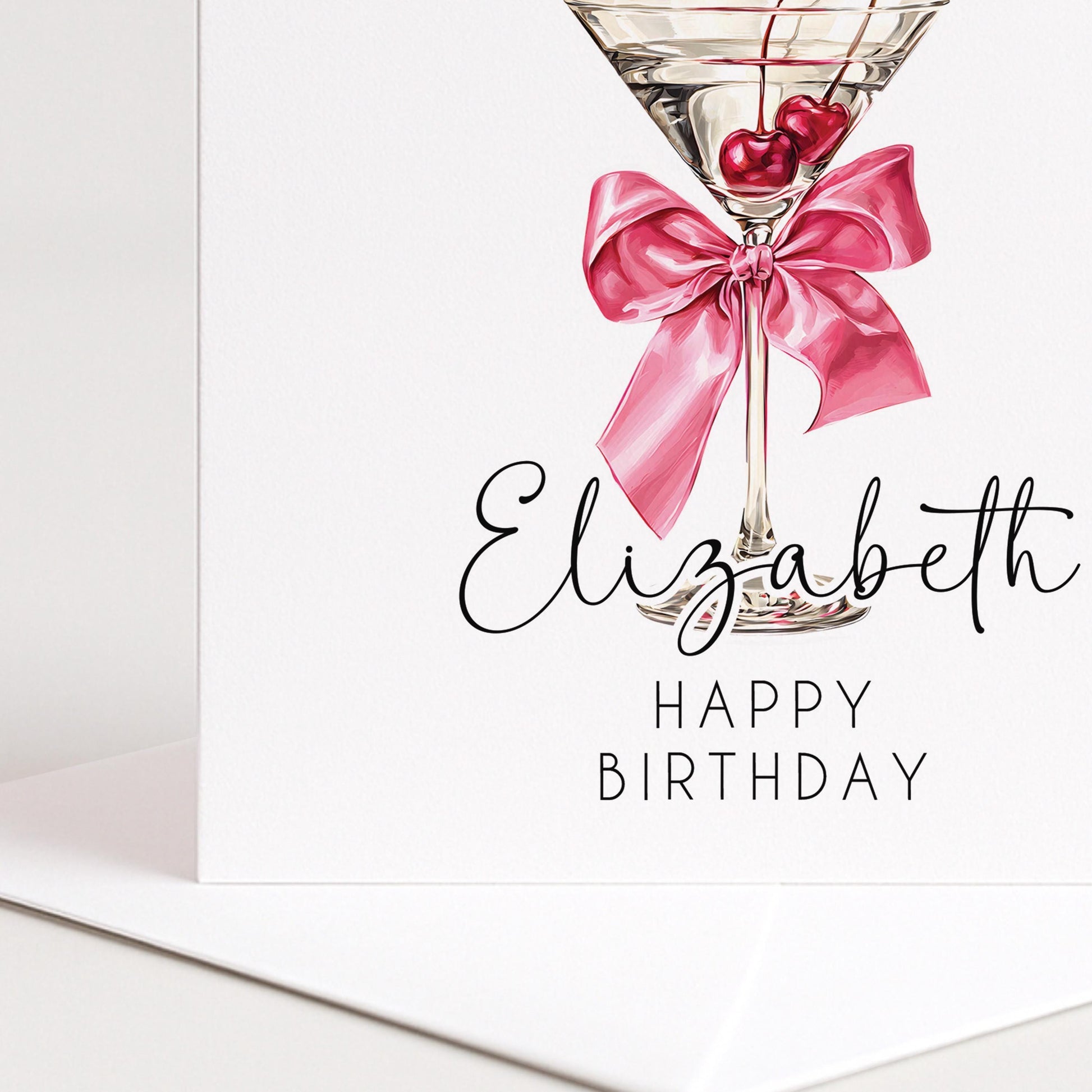 Personalised Birthday Card – Elegant Cherry Cocktail Design With Glossy Pink Bow