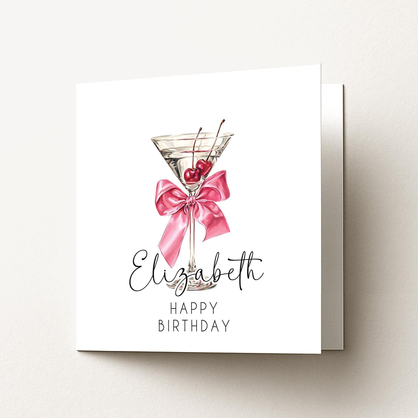 Personalised Birthday Card – Elegant Cherry Cocktail Design With Glossy Pink Bow