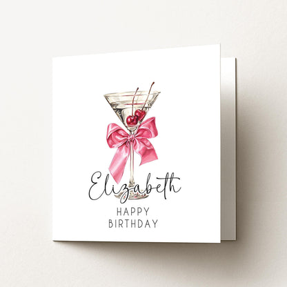 Personalised Birthday Card – Elegant Cherry Cocktail Design With Glossy Pink Bow