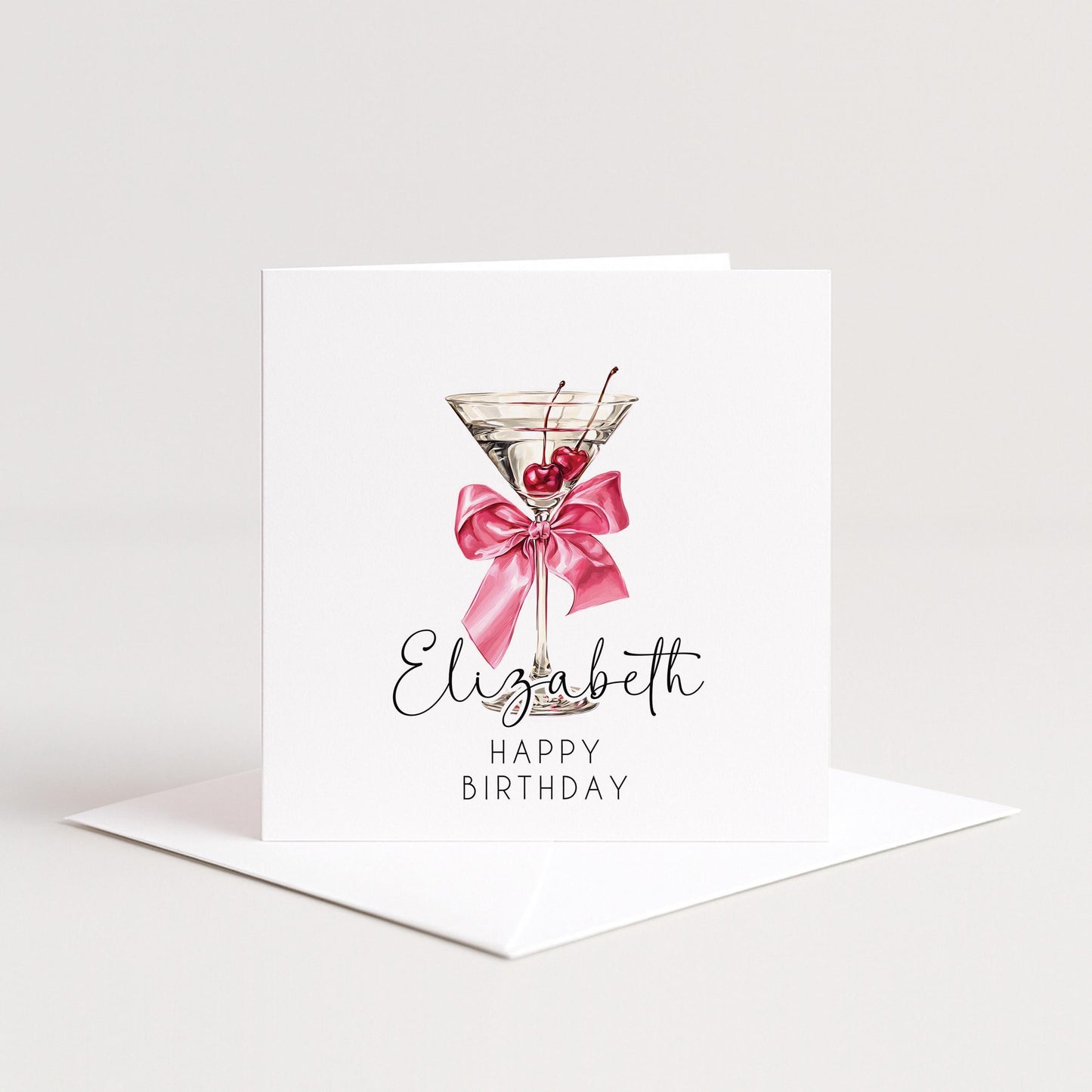 Personalised Birthday Card – Elegant Cherry Cocktail Design With Glossy Pink Bow