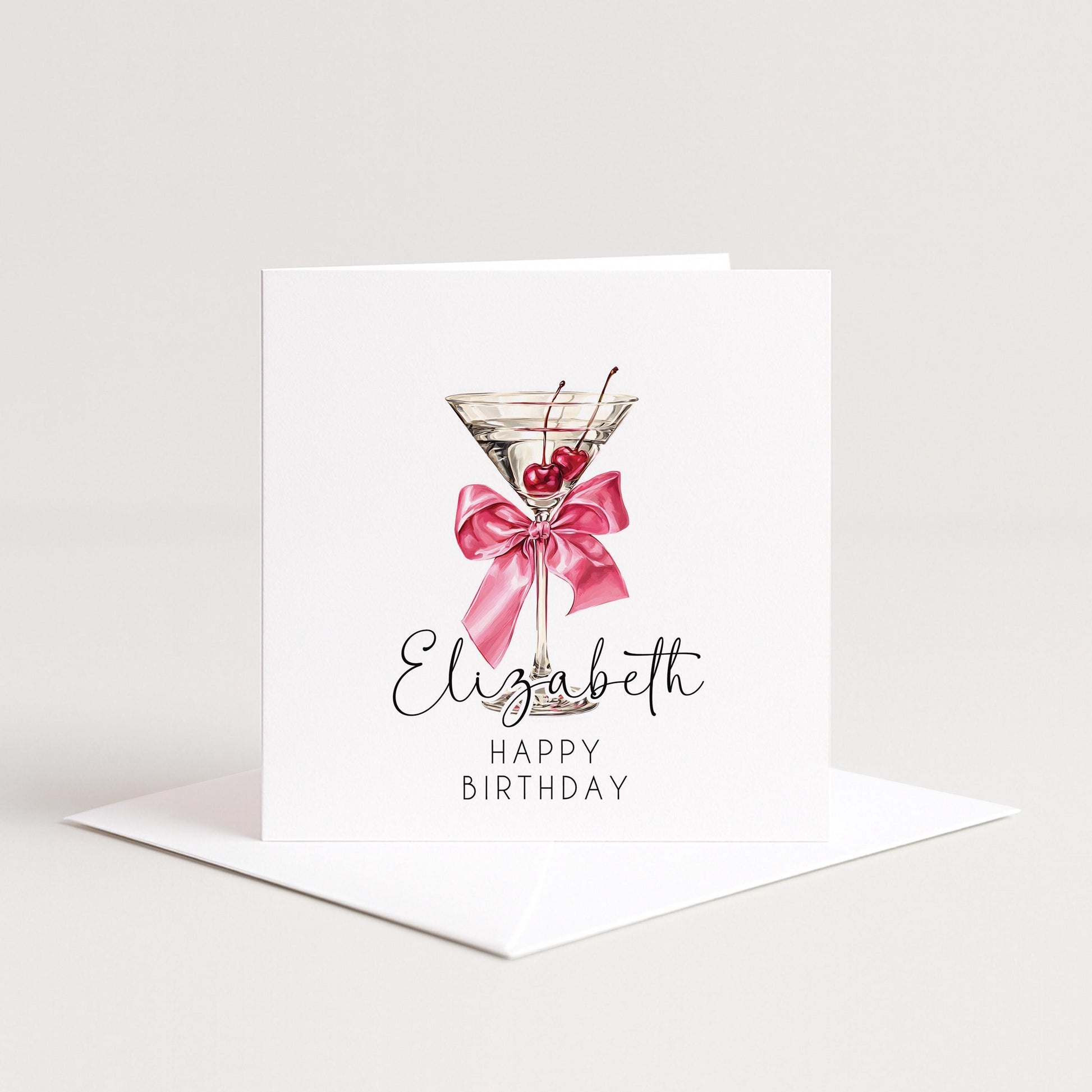 Personalised Birthday Card – Elegant Cherry Cocktail Design With Glossy Pink Bow