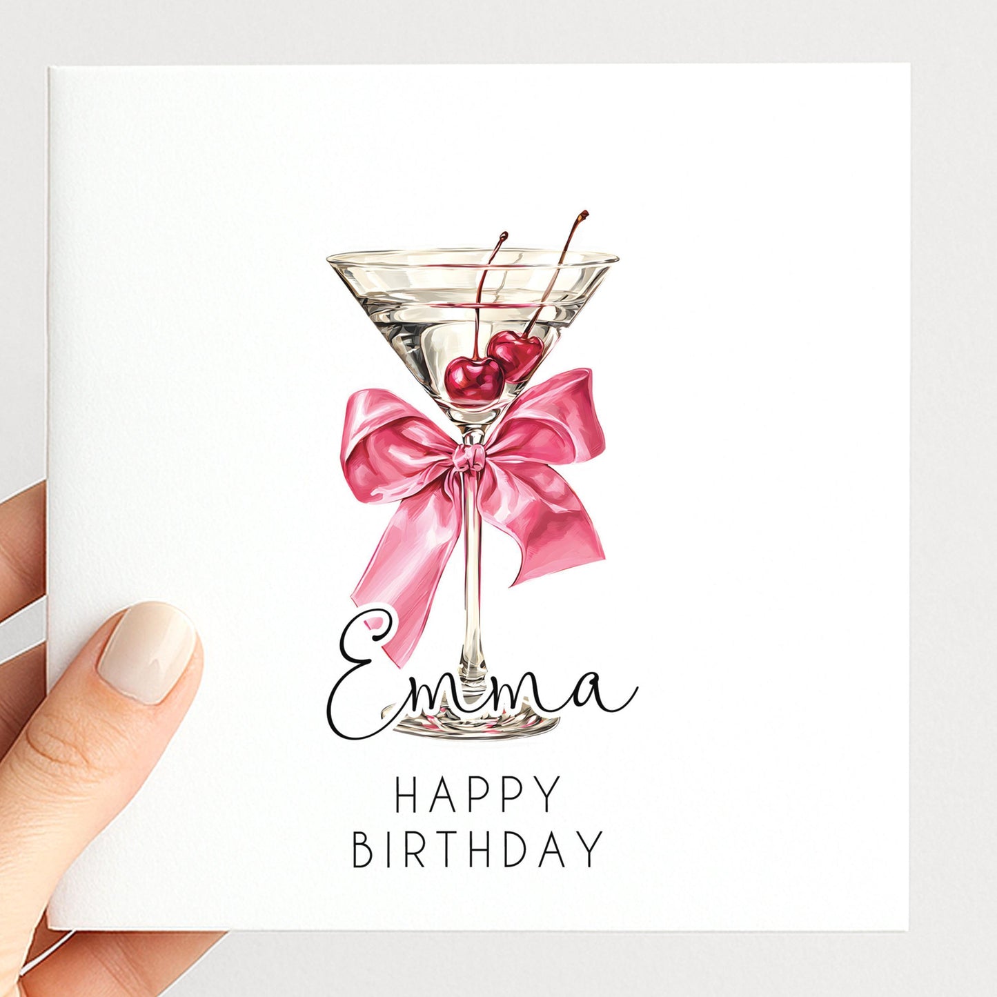 Personalised Birthday Card – Elegant Cherry Cocktail Design With Glossy Pink Bow
