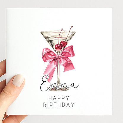 Personalised Birthday Card – Elegant Cherry Cocktail Design With Glossy Pink Bow