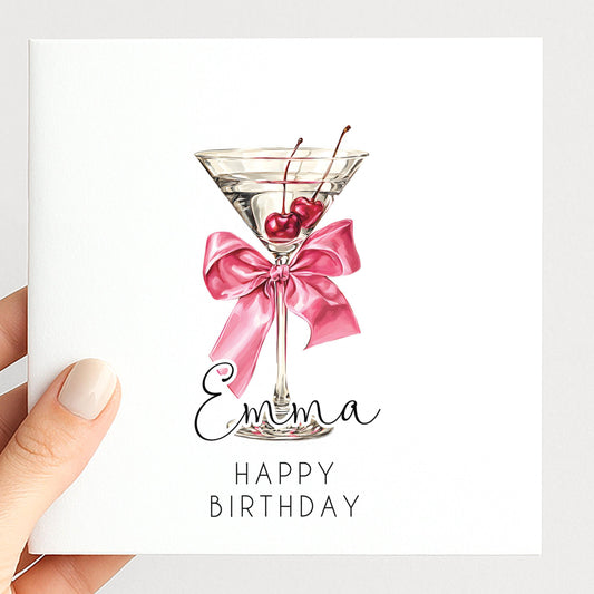 Personalised Birthday Card – Elegant Cherry Cocktail Design With Glossy Pink Bow