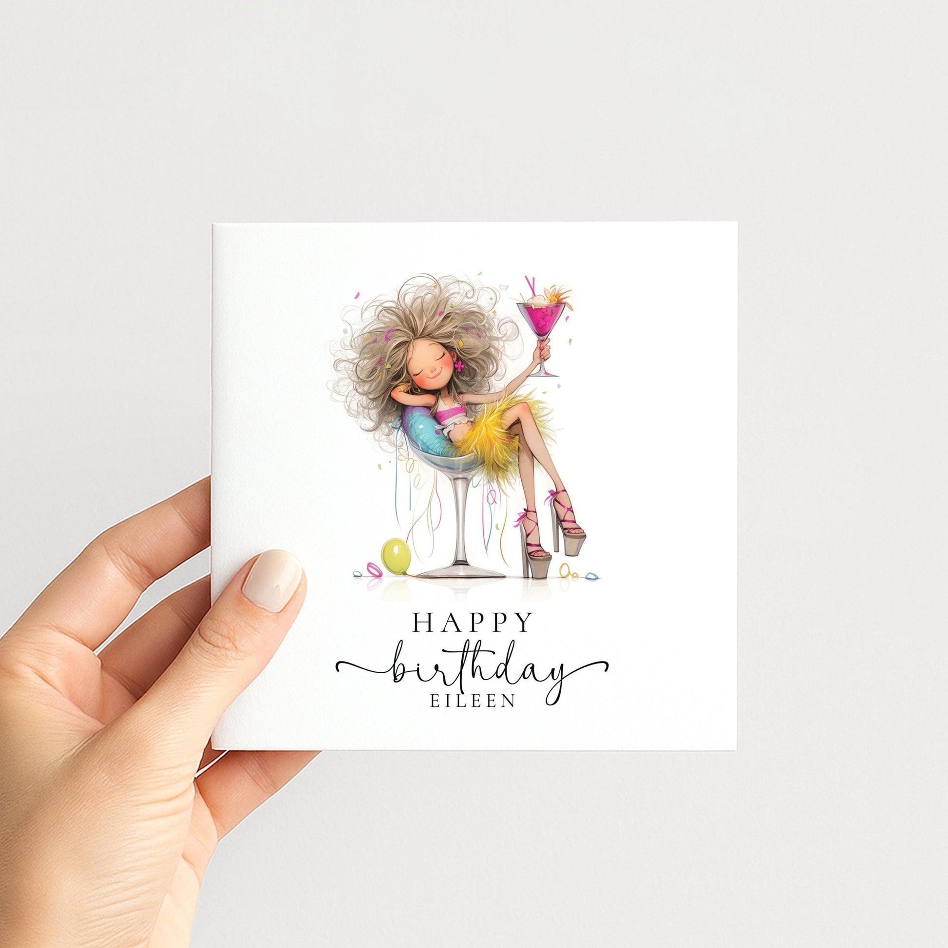 Personalised Birthday Card – Glam Cocktail Party Girl Design With Envelope