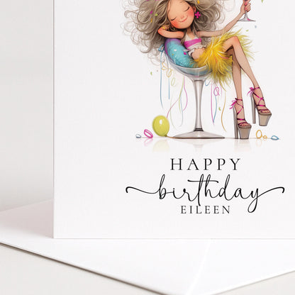 Personalised Birthday Card – Glam Cocktail Party Girl Design With Envelope
