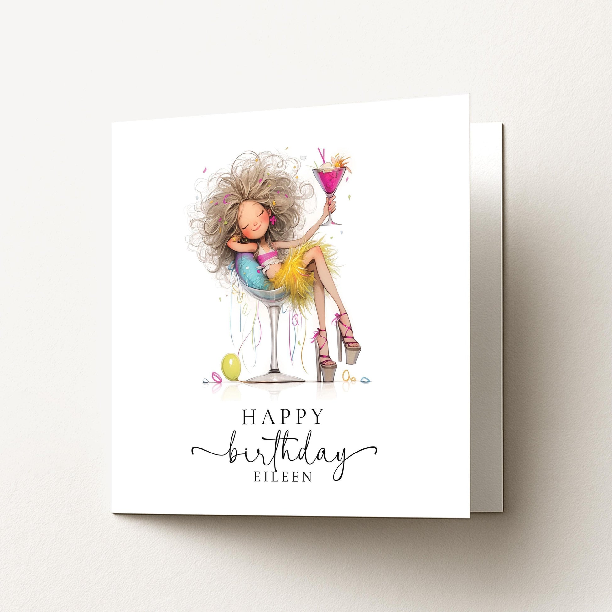 Personalised Birthday Card – Glam Cocktail Party Girl Design With Envelope