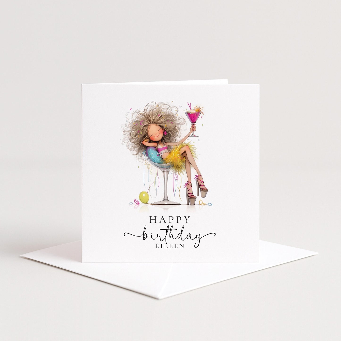 Personalised Birthday Card – Glam Cocktail Party Girl Design With Envelope