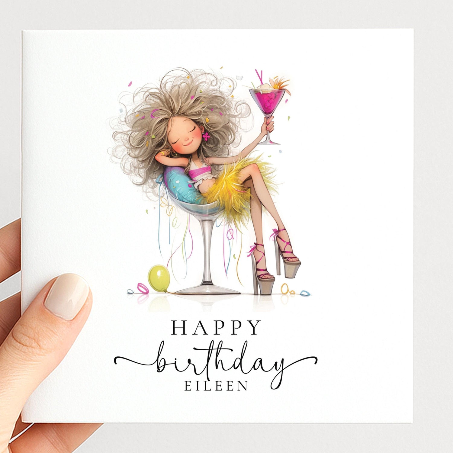 Personalised Birthday Card – Glam Cocktail Party Girl Design With Envelope