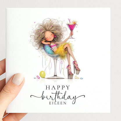 Personalised Birthday Card – Glam Cocktail Party Girl Design With Envelope