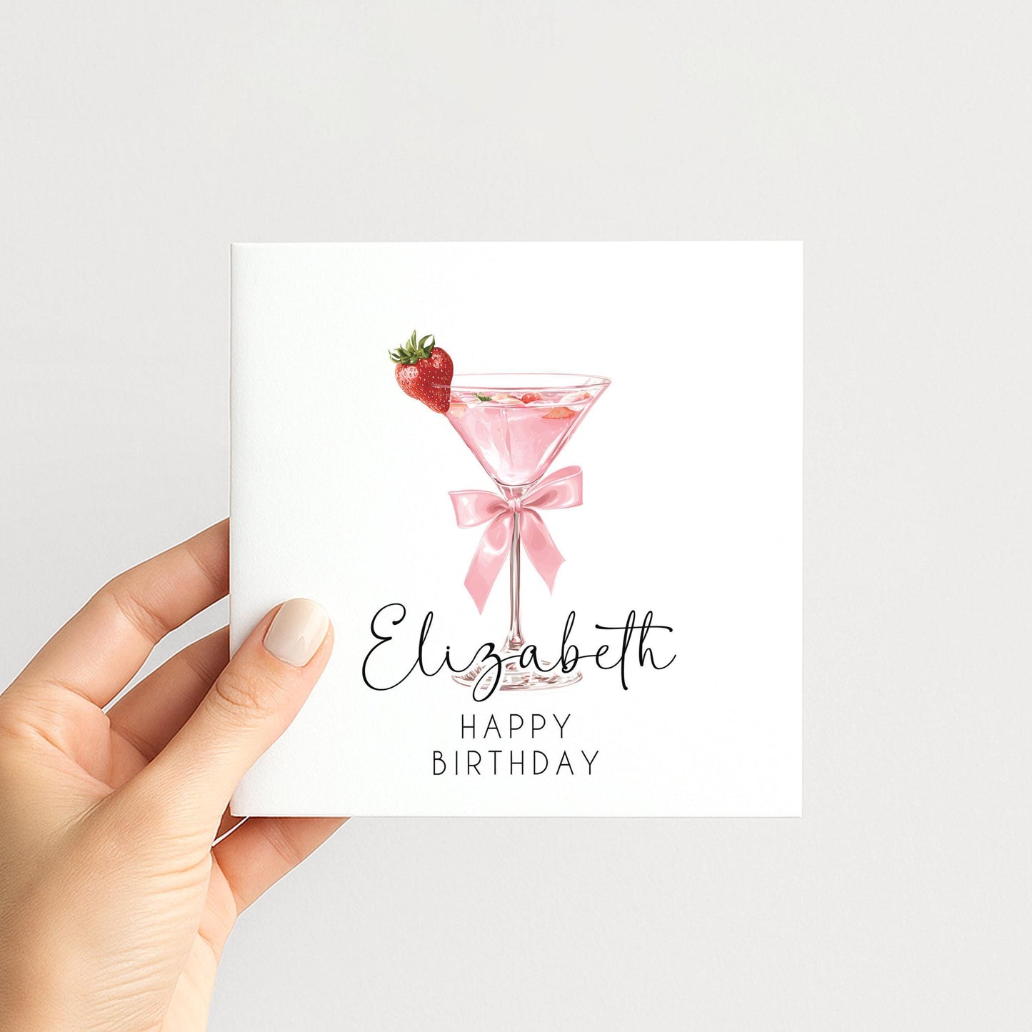 Personalised Birthday Card – Stylish Pink Martini Cocktail Folded Greeting