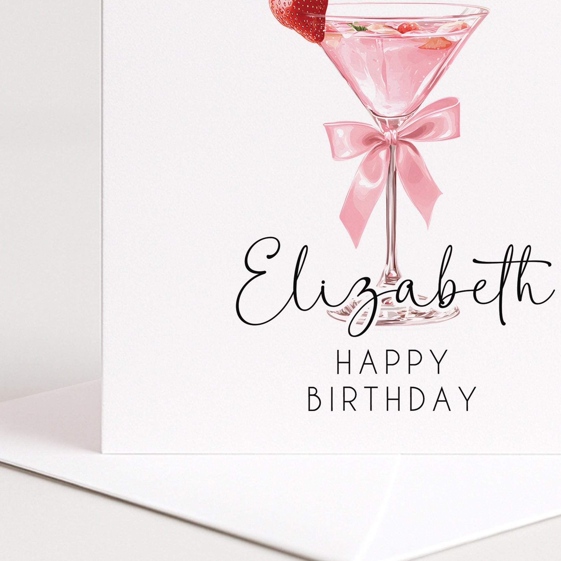 Personalised Birthday Card – Stylish Pink Martini Cocktail Folded Greeting