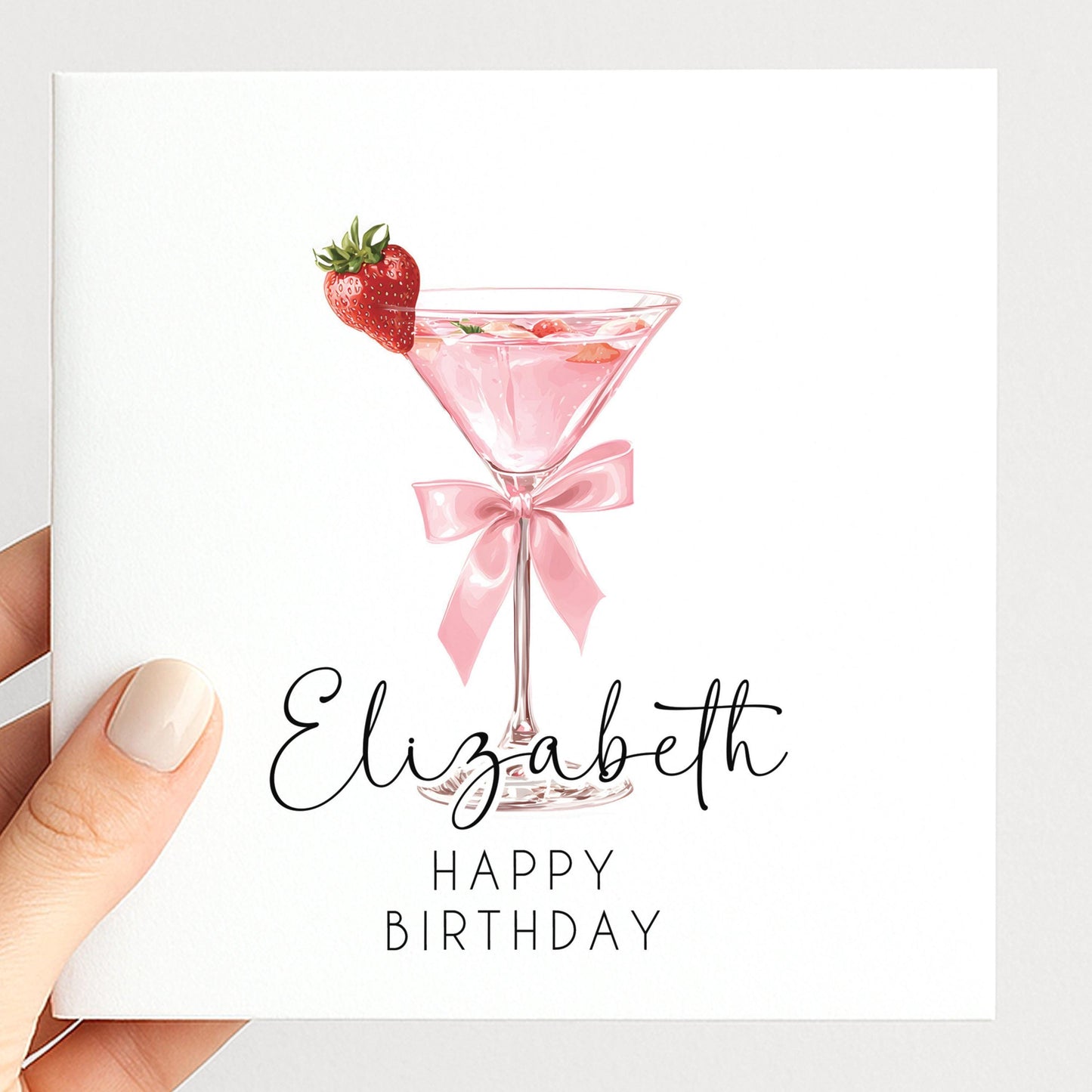 Personalised Birthday Card – Stylish Pink Martini Cocktail Folded Greeting