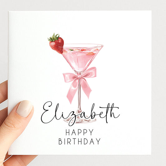Personalised Birthday Card – Stylish Pink Martini Cocktail Folded Greeting