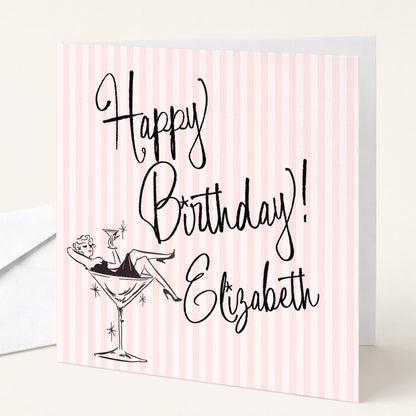 Personalised Birthday Card for Her Retro Pink Stripe