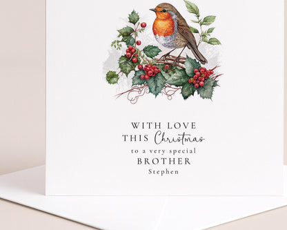 Personalised Brother Christmas Card – Elegant Robin Design, Custom Name Keepsake