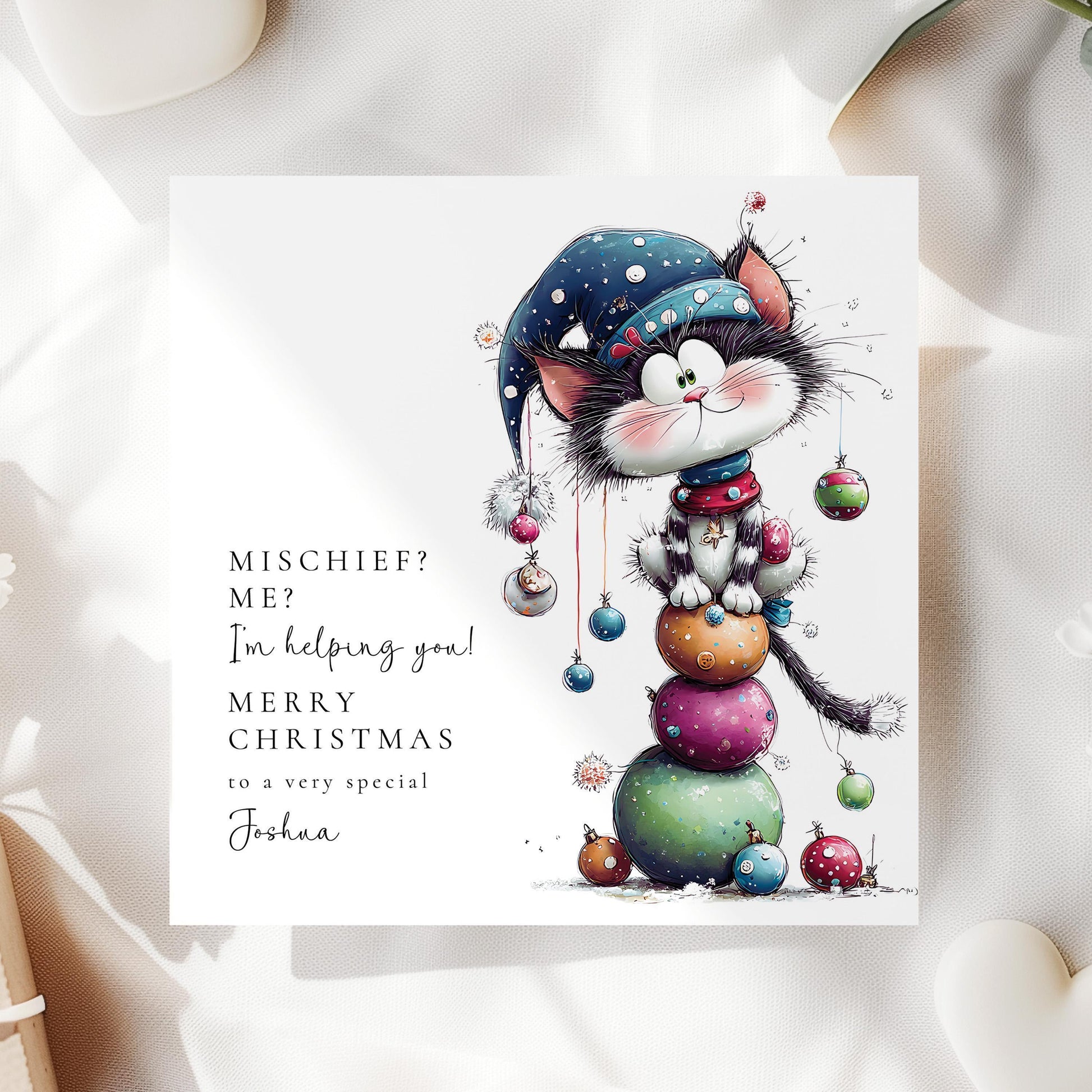 Personalised Cat Christmas Card – Cute Mischievous Kitty On Matte Finish