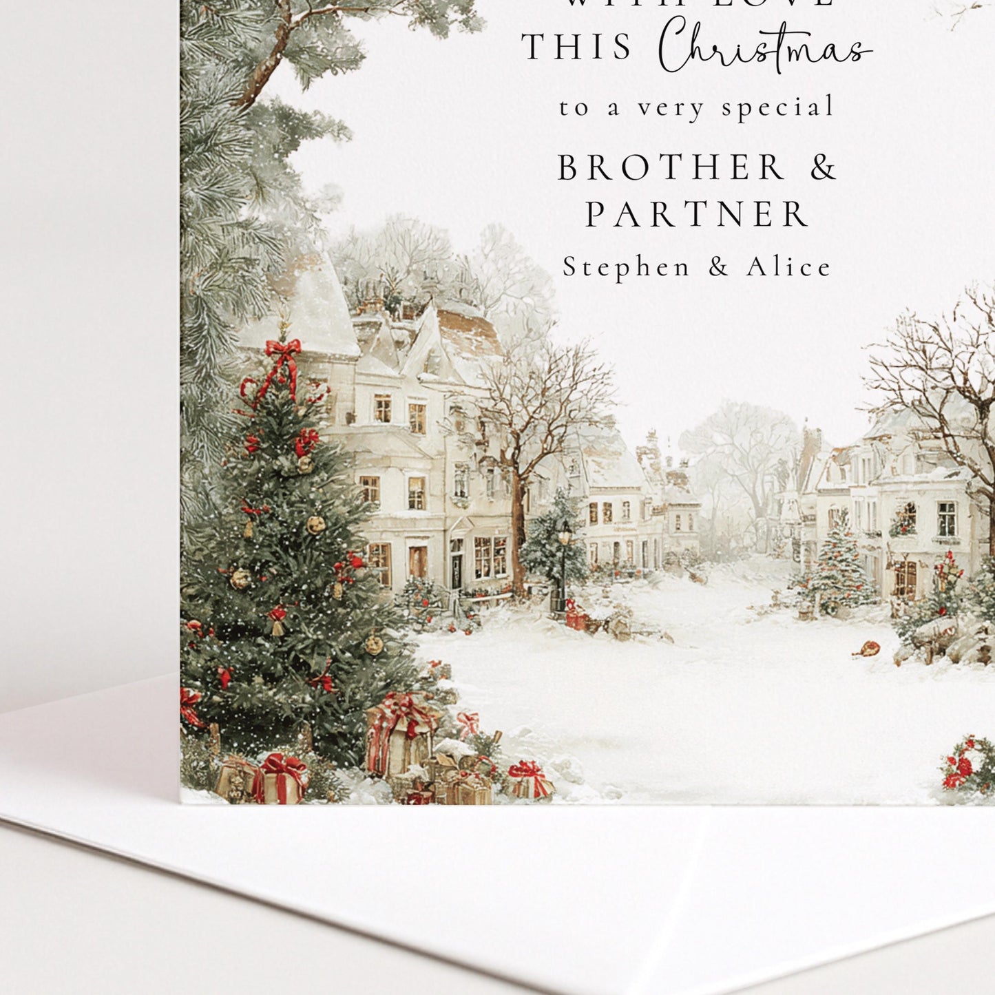 Personalised Christmas Card Brother and Partner Village Scene
