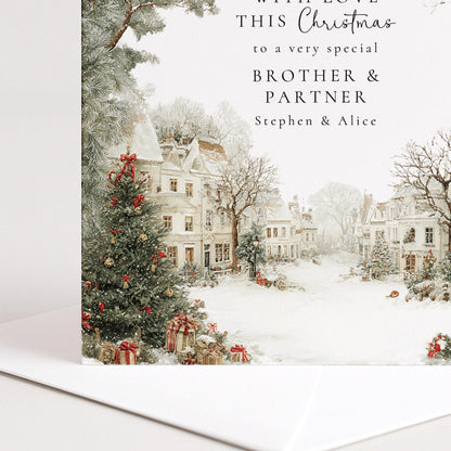 Personalised Christmas Card Brother and Partner Village Scene