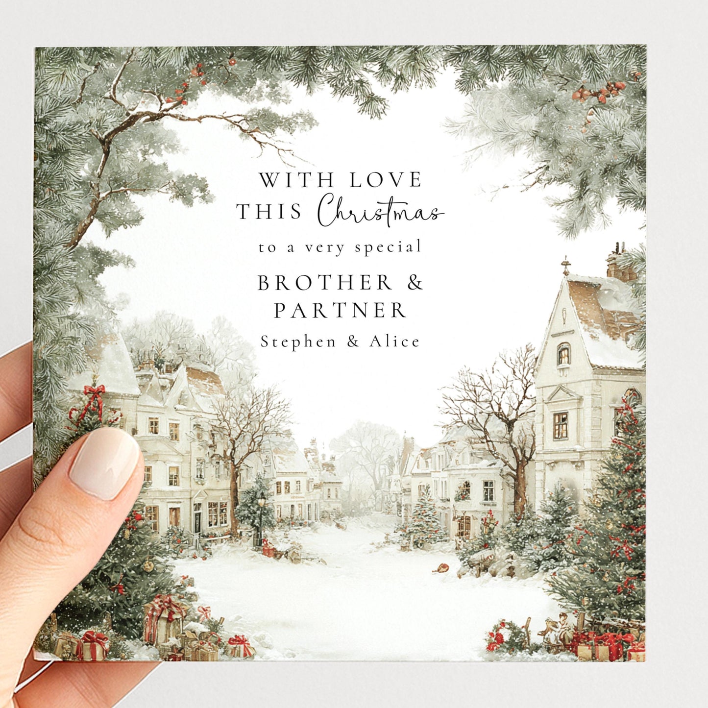 Personalised Christmas Card Brother and Partner Village Scene