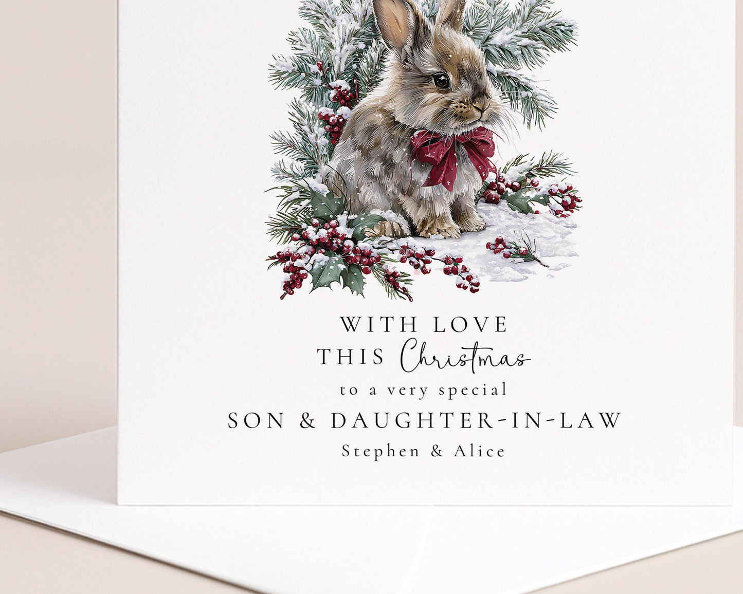 Personalised Christmas Card – Bunny Winter Rabbit Holiday Card for Son and Daughter-in-Law