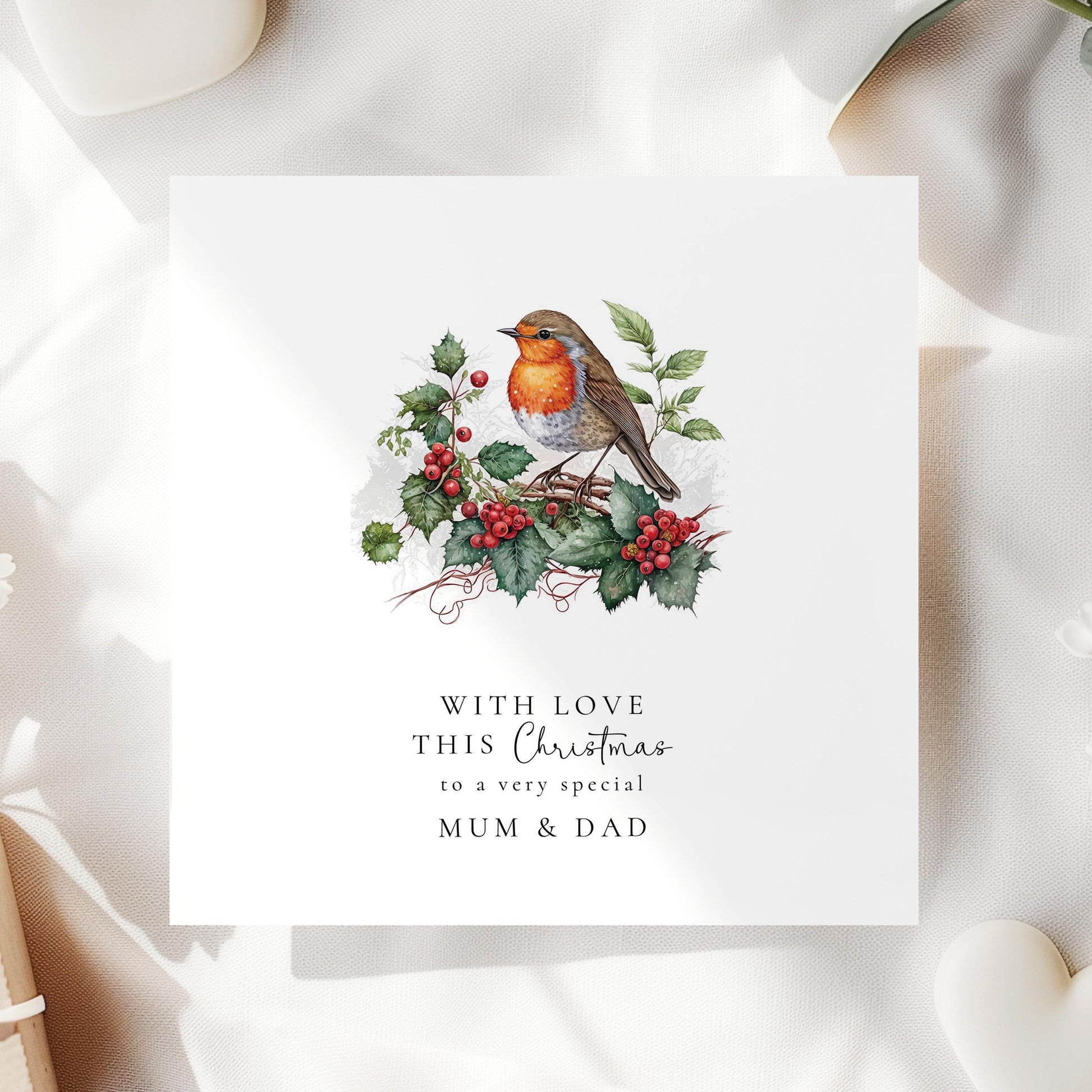 Personalised Christmas Card | Classic Festive Holly Design With Robin - Matte Finish
