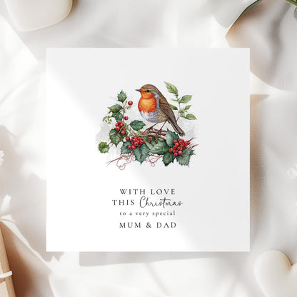 Personalised Christmas Card | Classic Festive Holly Design With Robin - Matte Finish