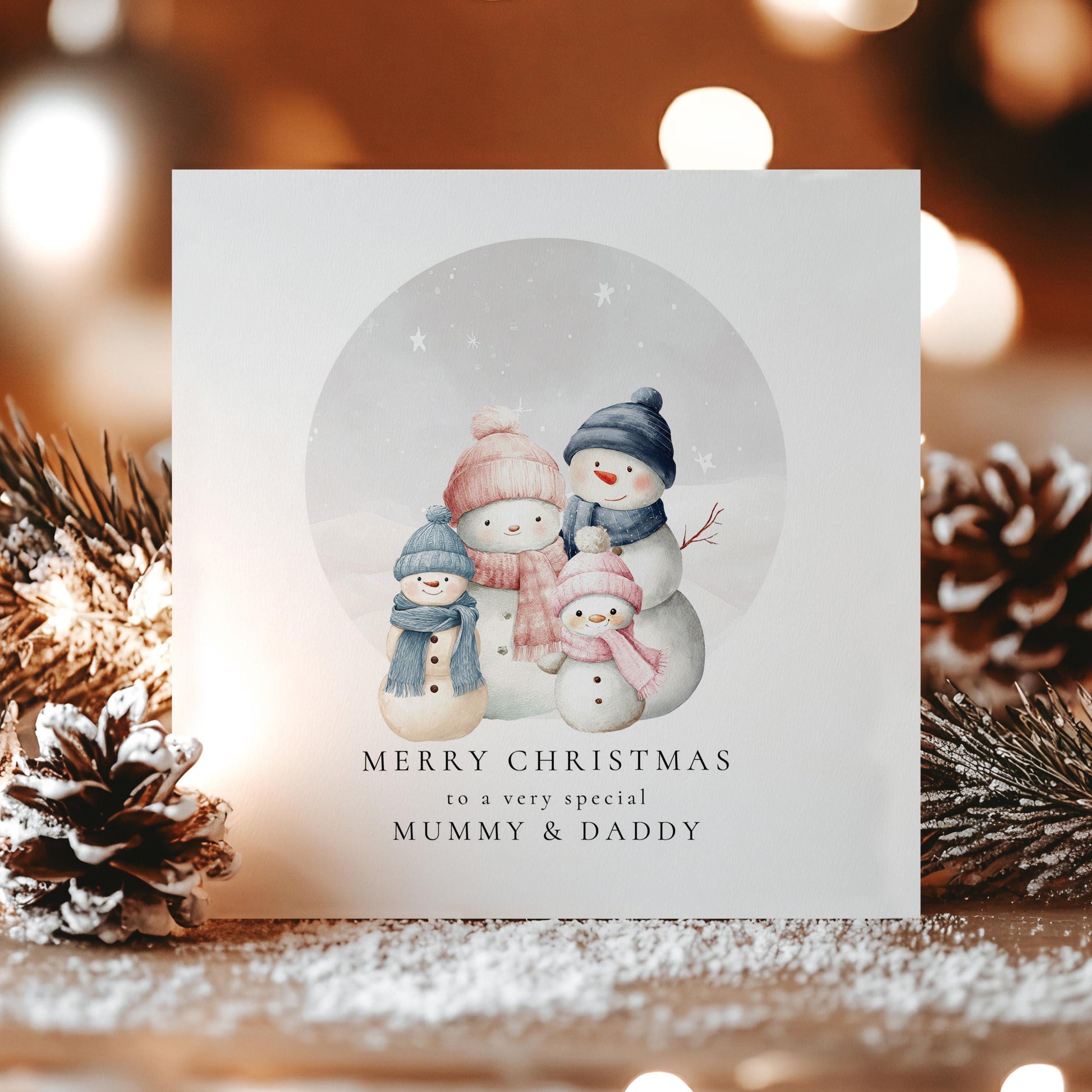 Personalised Christmas Card – Custom Name Snowman Family Design for Parents