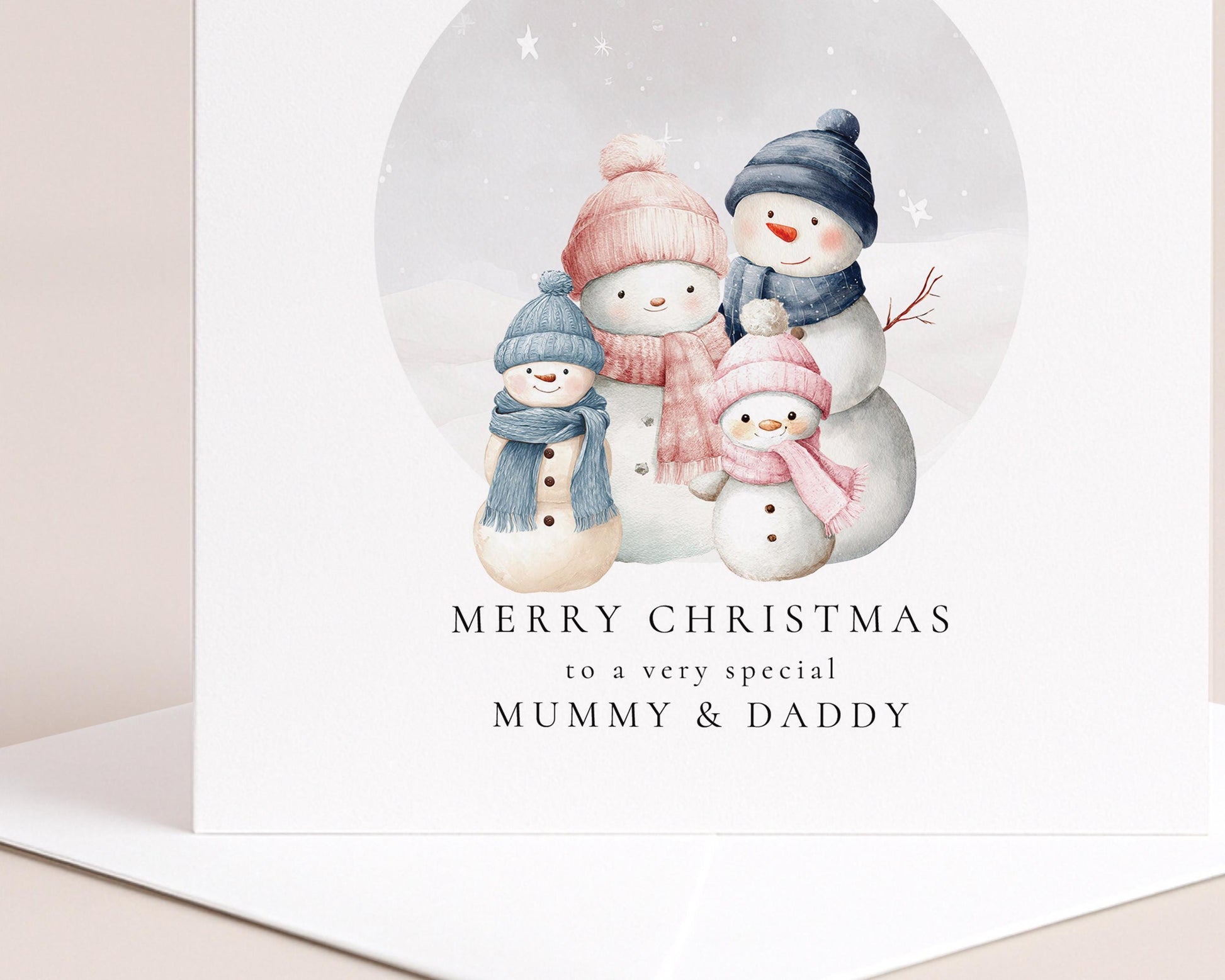 Personalised Christmas Card – Custom Name Snowman Family Design for Parents