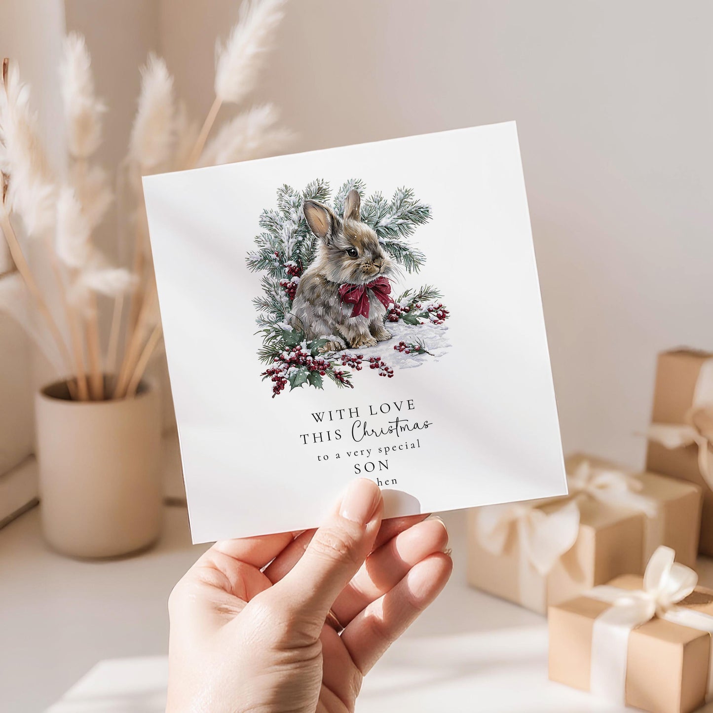 Personalised Christmas Card - Cute Bunny Son Card With Envelope & Soft Matte Finish