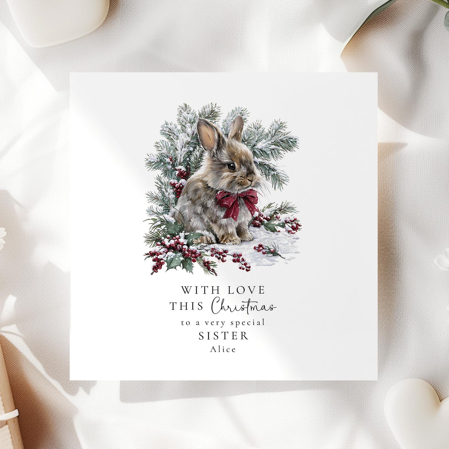 Personalised Christmas Card – Cute Bunny Winter Rabbit With Snowy Greenery