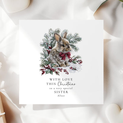 Personalised Christmas Card – Cute Bunny Winter Rabbit With Snowy Greenery