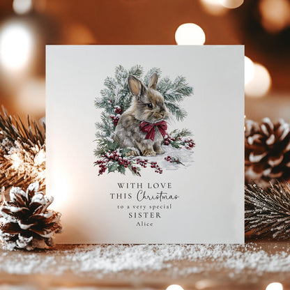 Personalised Christmas Card – Cute Bunny Winter Rabbit With Snowy Greenery