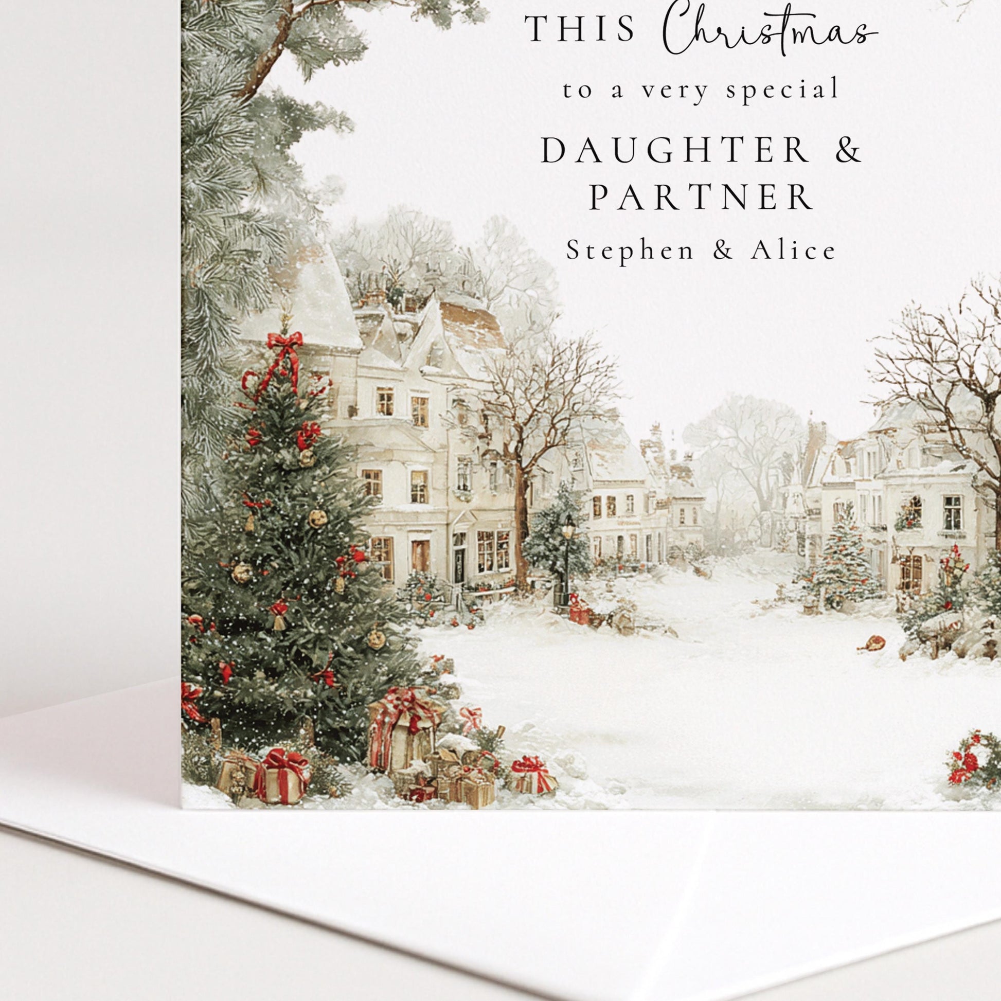 Personalised Christmas Card Daughter and Partner Village Scene