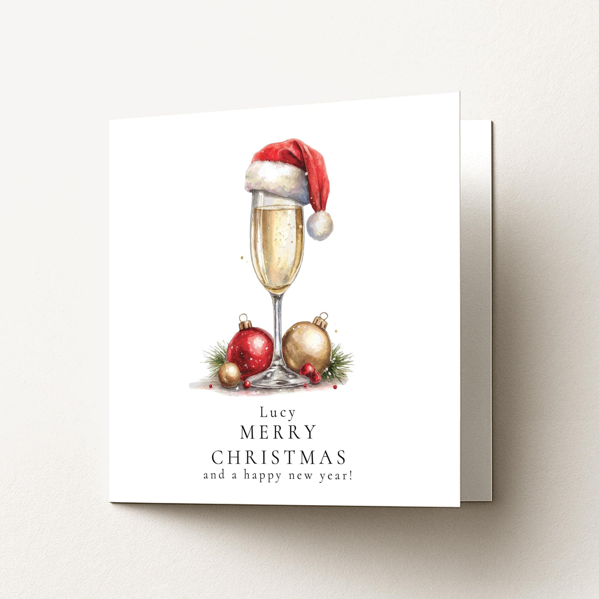 Personalised Christmas Card – Elegant Prosecco Glass Design With Santa Hat