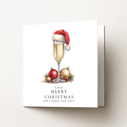 Personalised Christmas Card – Elegant Prosecco Glass Design With Santa Hat