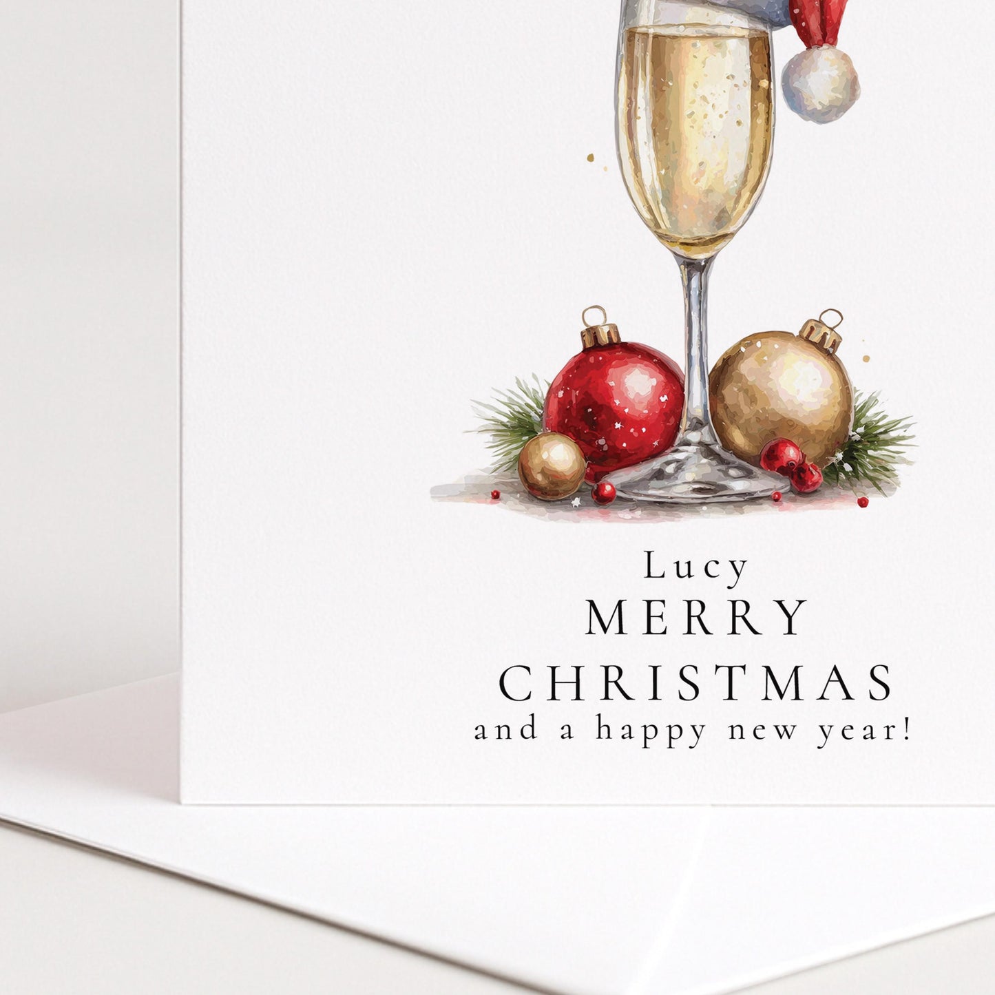 Personalised Christmas Card – Elegant Prosecco Glass Design With Santa Hat