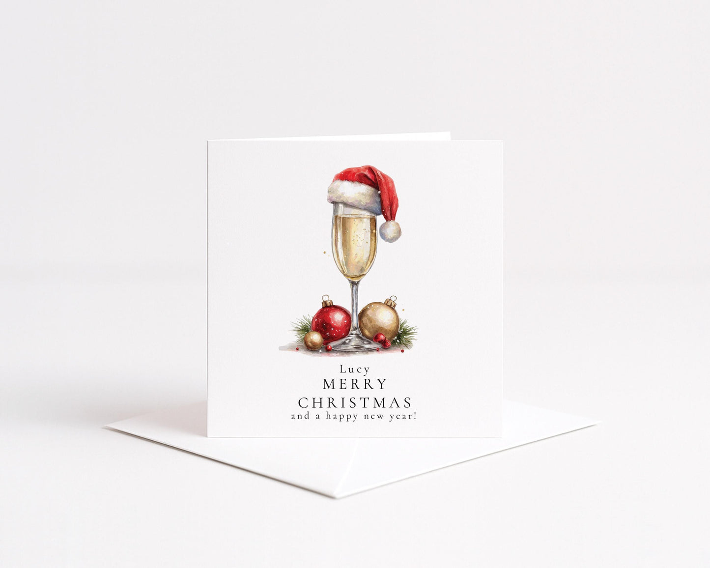 Personalised Christmas Card – Elegant Prosecco Glass Design With Santa Hat