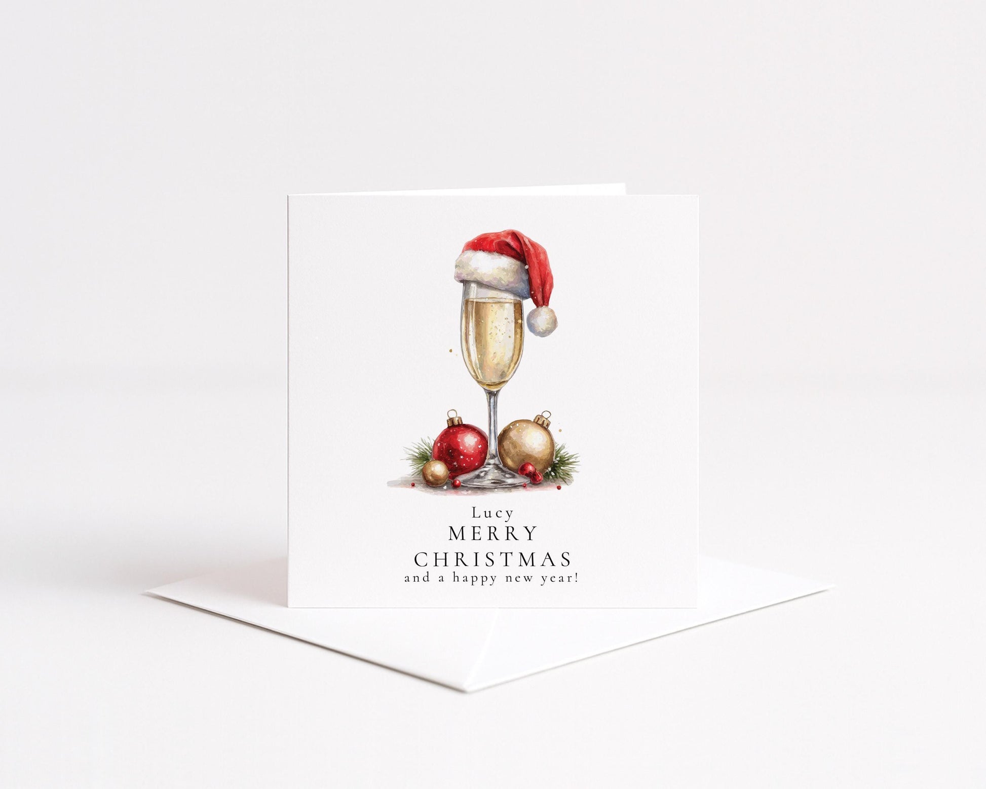 Personalised Christmas Card – Elegant Prosecco Glass Design With Santa Hat