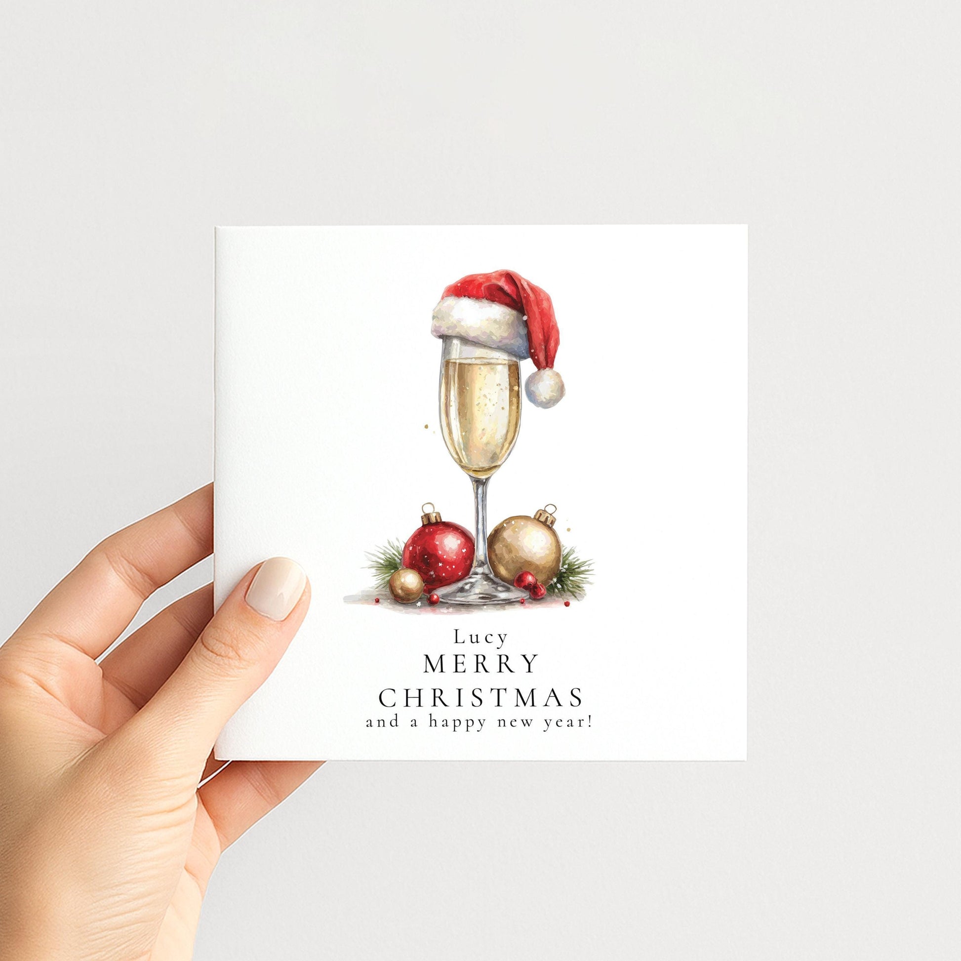 Personalised Christmas Card – Elegant Prosecco Glass Design With Santa Hat