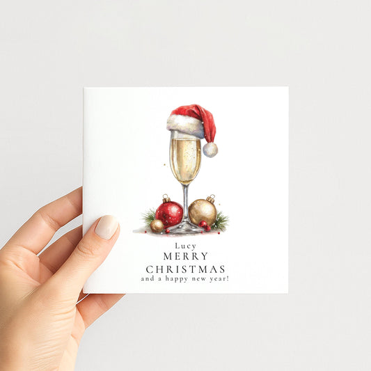 Personalised Christmas Card – Elegant Prosecco Glass Design With Santa Hat