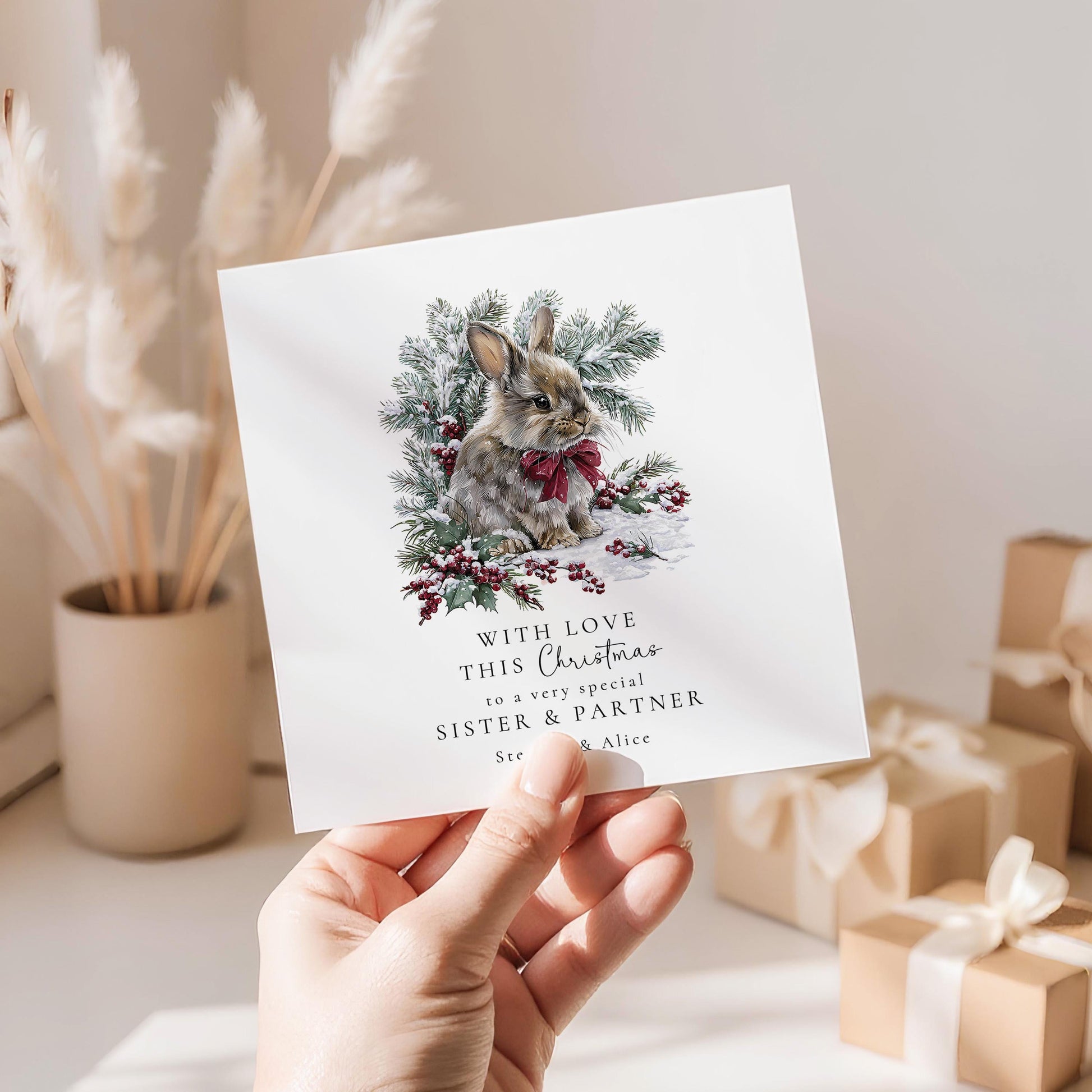 Personalised Christmas Card – Festive Bunny Design for Sister & Partner